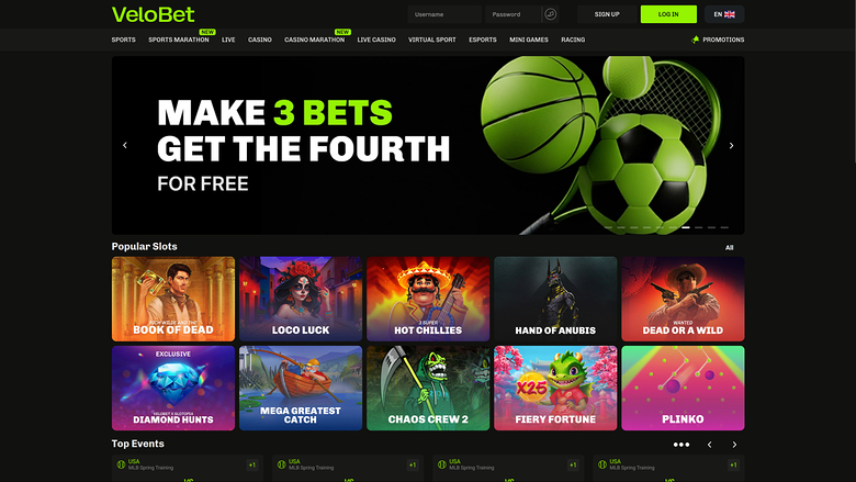 VeloBet casino homepage showing a sports-themed hero banner, a Popular Slots grid and a Top Events section.