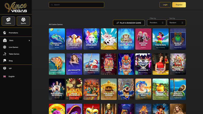 An online casino lobby screen showing a grid of game tiles with a left sidebar menu and top search and login controls.