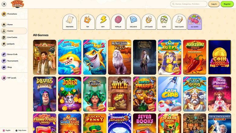 A casino lobby screen showing a grid of game tiles under a category menu, with a left sidebar and a top bar containing login and register buttons.