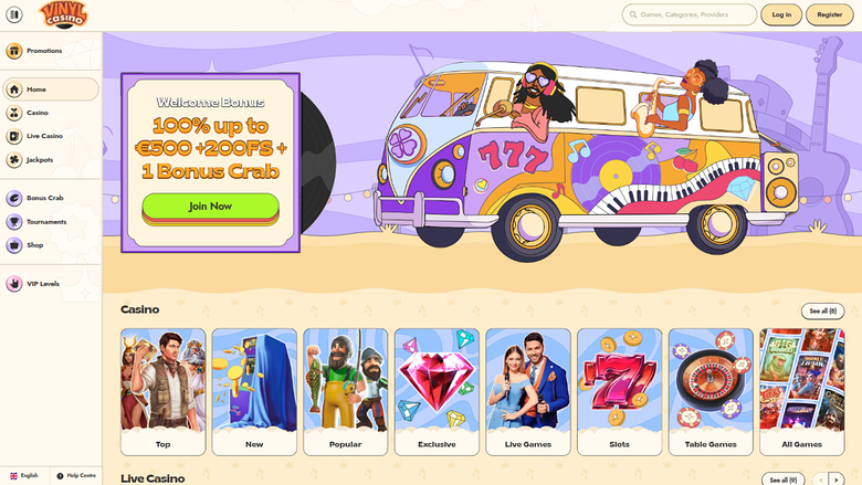 A casino website homepage showing a welcome bonus offer, a cartoon campervan illustration, and a row of casino category tiles.