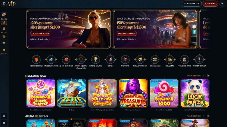 An online casino lobby homepage showing two deposit bonus banners, a row of category icons and grids of game tiles.