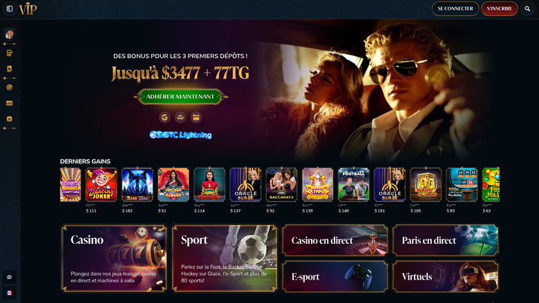 A VIP casino homepage shows a welcome bonus hero banner, a row of recent-win game tiles, and category cards for casino, sport, live casino and virtuals.