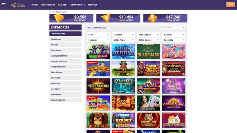 A desktop online casino lobby page showing a left category sidebar, three jackpot banners and a grid of game tiles under filter dropdowns.