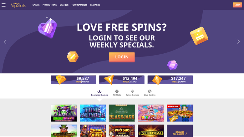 A casino homepage with a purple hero banner prompting login for weekly free spins, three jackpot counters and a grid of game tiles.
