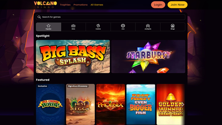 Volcano Bingo Casino — Games lobby