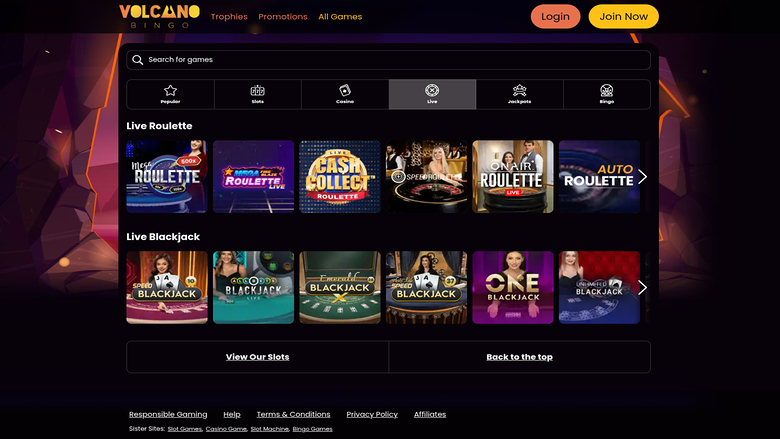 Volcano Bingo Casino — Live dealer lobby
