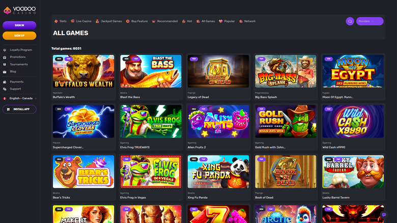 An online casino lobby screen titled ALL GAMES showing a grid of game tiles with a left sidebar menu and top navigation bar.