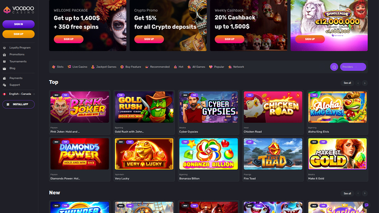 An online casino lobby screen showing a left sidebar menu, four promotional banners across the top, and rows of game tiles under 'Top' and 'New' headings.