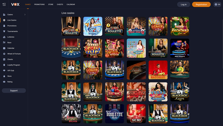 Vox Casino — Live dealer lobby