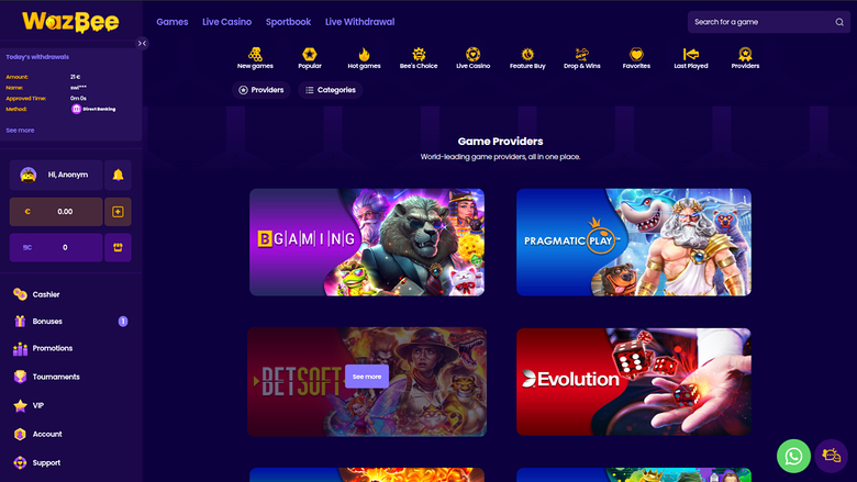 Wazbee Casino — Games by studio