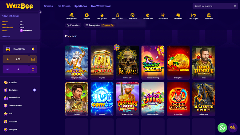 Wazbee Casino — Games lobby