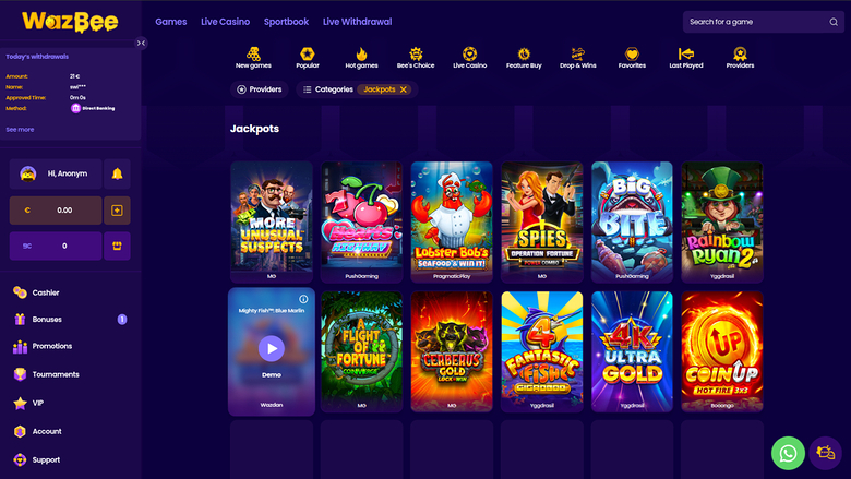 Wazbee Casino — Jackpot games