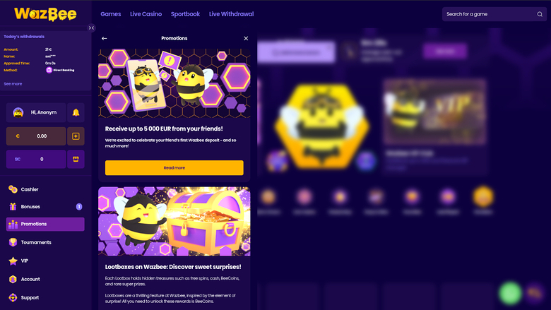 Wazbee Casino — Promotions page