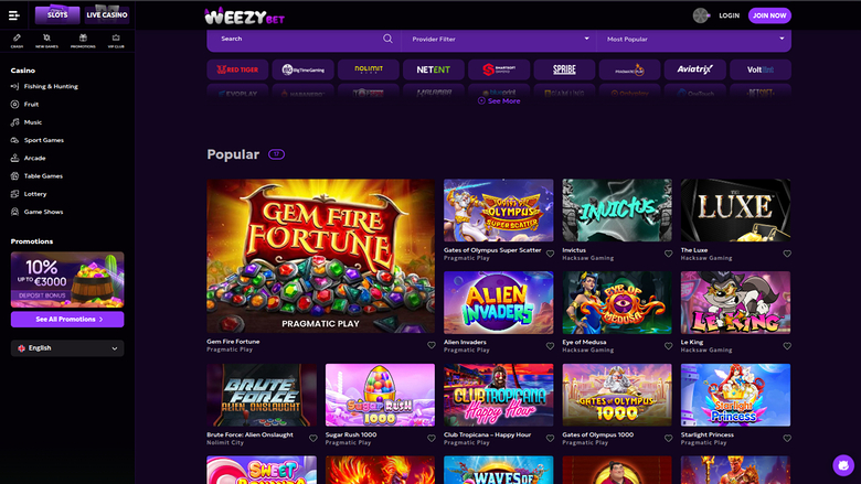 WeezyBet Casino — Games lobby