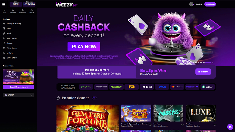WeezyBet Casino — Homepage