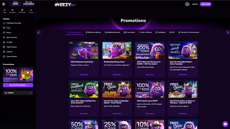 WeezyBet Casino — Promotions page