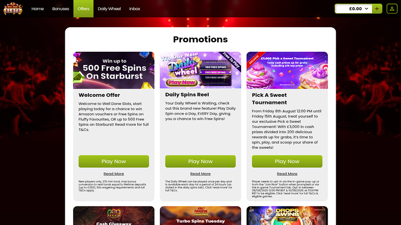Well Done Slots Casino — Promotions page