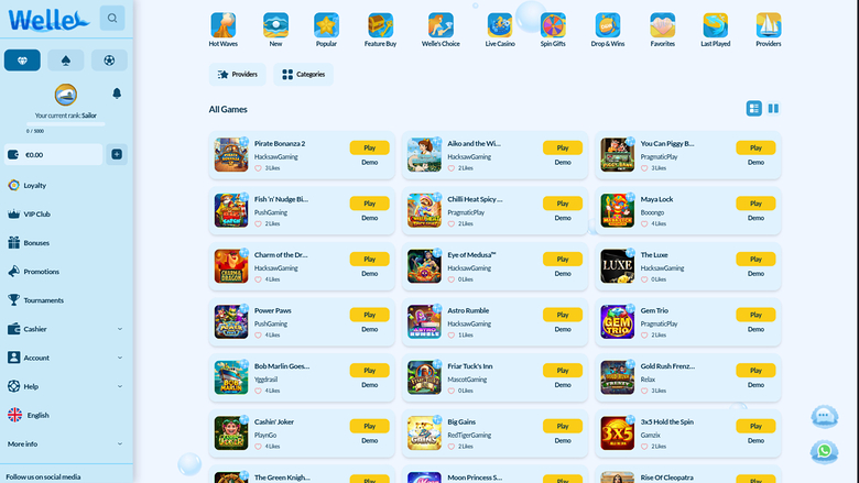 An online casino lobby page showing a left sidebar menu, a row of game category icons, and a grid of game tiles with Play and Demo buttons.