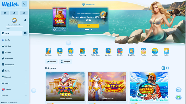 A Wellbet online casino lobby page showing a promotional banner, a left sidebar menu, category icons and a Hot games section with three game tiles.