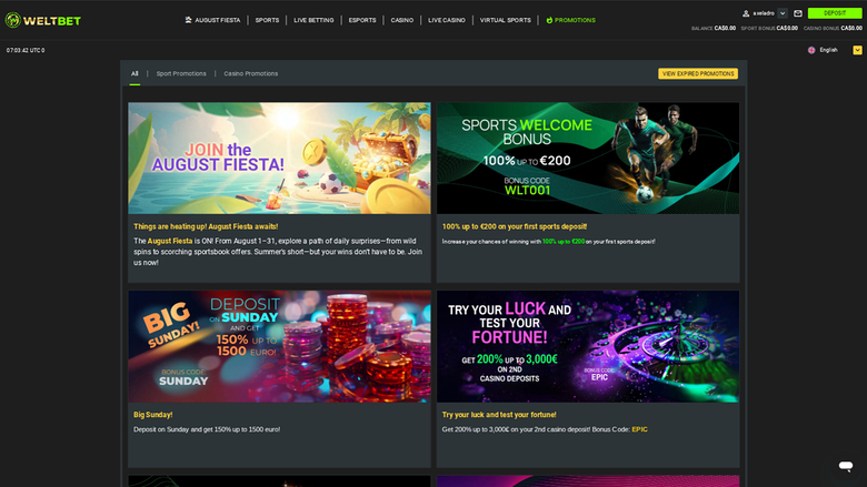 Weltbet Casino — Promotions page