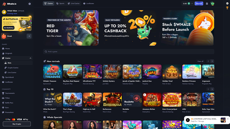A Whale.io online casino lobby homepage showing a dark-themed game catalogue with promotional banners and a left sidebar menu.