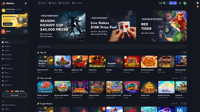 A dark-themed online casino lobby showing a left sidebar, promotional banners, and rows of game tiles under Top 10 and New Arrivals.