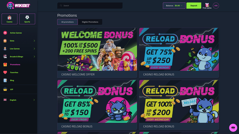 Wikibet Casino — Promotions page