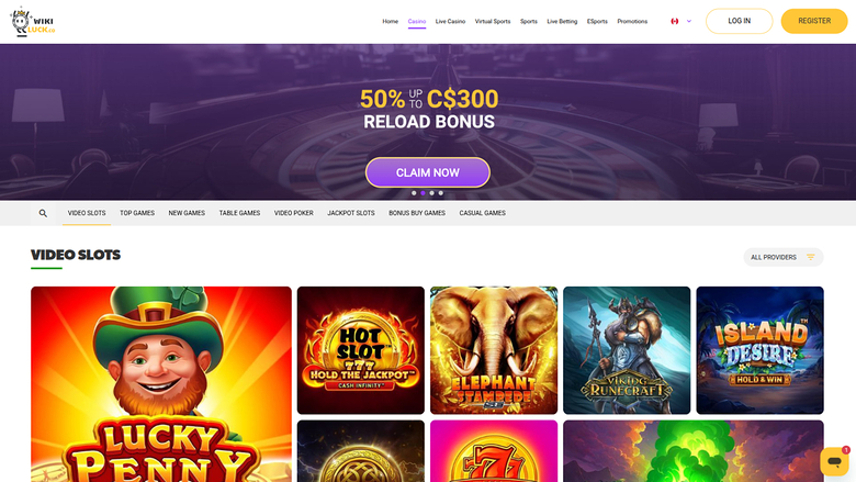 A casino lobby screen showing a reload bonus hero banner above a Video Slots section with game tiles.