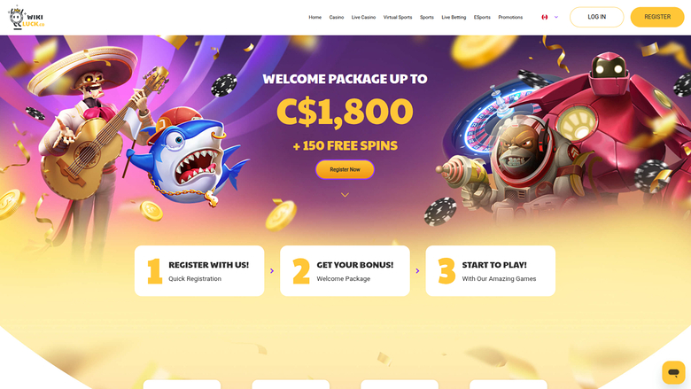 A casino landing page shows a welcome package hero banner with a three-step registration prompt and a top navigation bar.