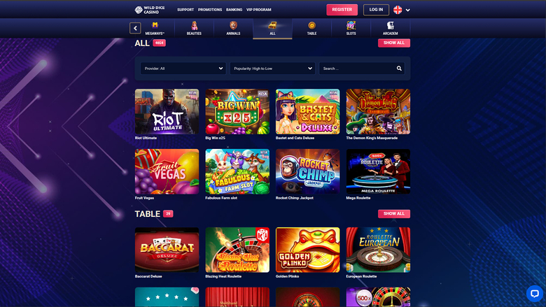 A casino lobby screen showing a grid of game tiles under category tabs, with a top navigation bar and filter controls.