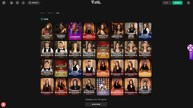 Wild Tornado Casino — Live dealer lobby