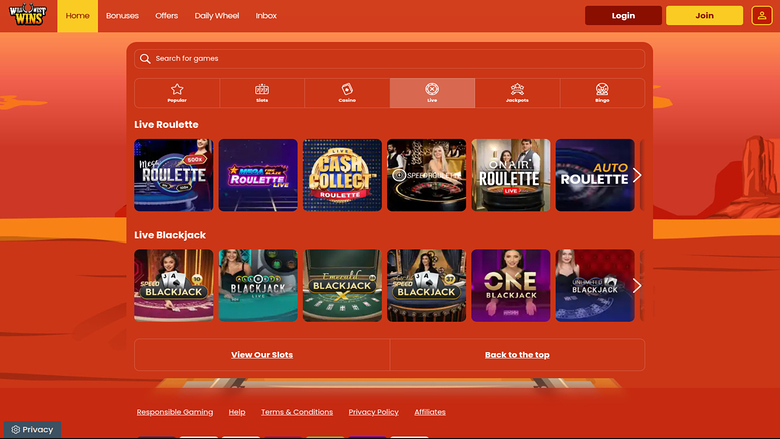 Wild West Wins — Live dealer lobby