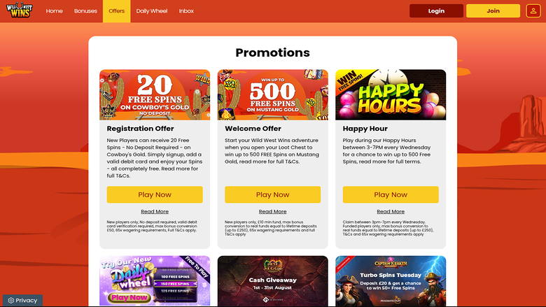 Wild West Wins — Promotions page