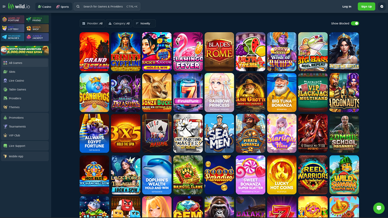 A casino lobby screen showing a grid of game tiles with a left sidebar menu and a top navigation bar.