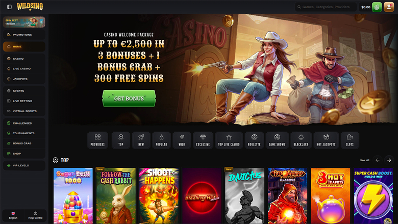 A Wildsino online casino homepage showing a welcome bonus hero banner, a category tab bar and a row of game tiles.