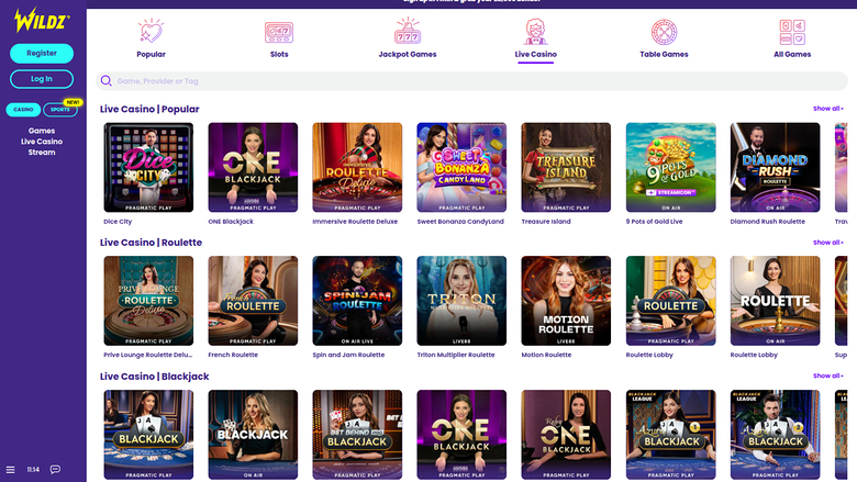 Wildz Casino — Live dealer lobby