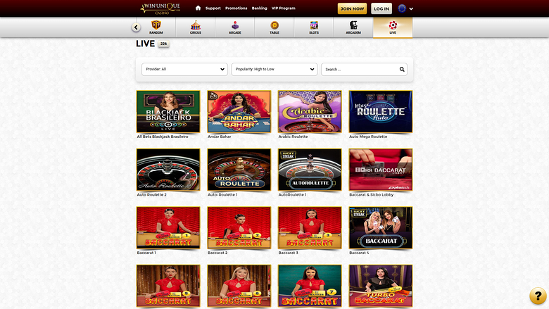 Win Unique Casino — Live dealer lobby