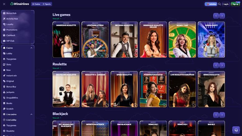 Winairlines Casino — Games lobby