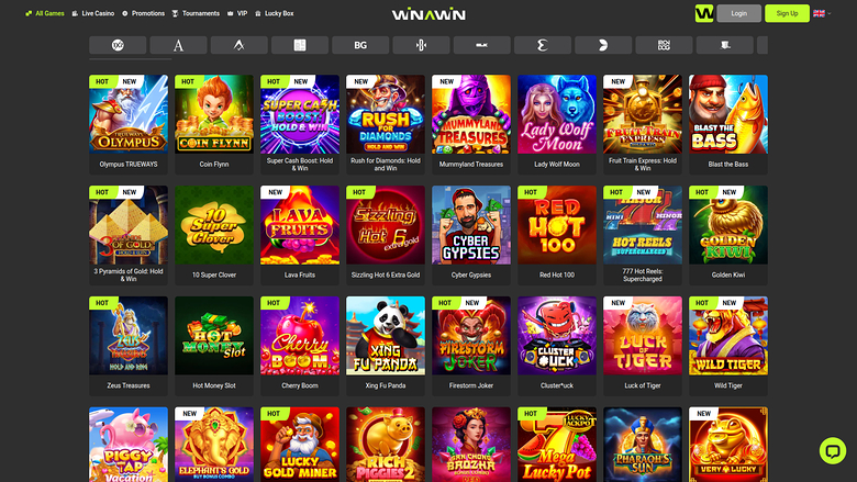 An online casino lobby page shows a grid of game tiles under a top navigation bar with a Winawin logo and login and sign-up buttons.