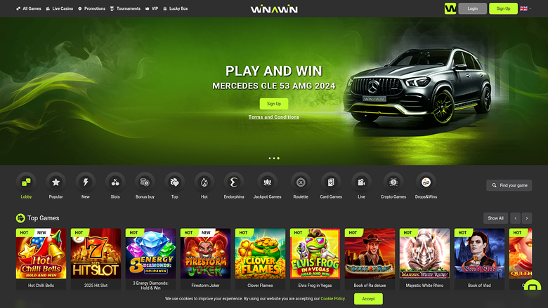 A Winawin casino homepage showing a Mercedes GLE 53 AMG 2024 promotion hero, a lobby category bar, and a Top Games row.