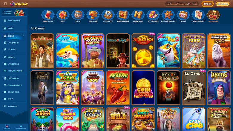 A WinBay online casino lobby showing an All Games grid of game tiles with a left sidebar menu and top navigation bar.