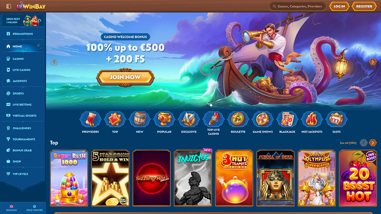 A WinBay online casino homepage showing a welcome bonus hero banner, a row of lobby category icons and a 'Top' row of game tiles.