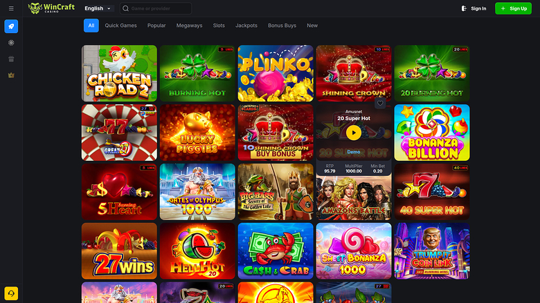 An online casino lobby page displaying a grid of game tiles beneath a top navigation bar with sign-in and sign-up buttons.