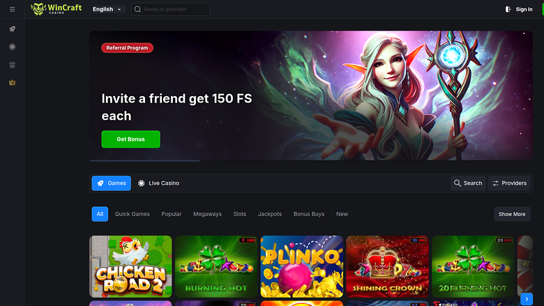 A WinCraft casino lobby page shows a referral bonus hero banner above game category tabs and a row of game tiles.
