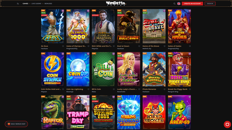 A casino lobby screen on WinDetta shows a grid of eighteen game tiles under a top navigation bar with sign-in and account buttons.