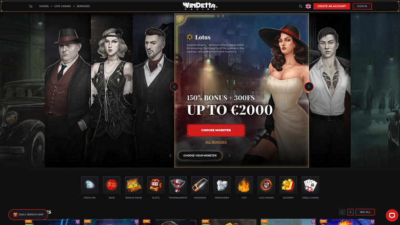 A casino homepage with a mafia-themed hero promotion for a 150% bonus plus 300 free spins up to €2000 and a row of game category icons below.