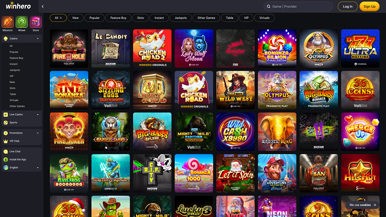 A casino lobby screen showing a grid of game tiles with a left sidebar menu and top filter tabs.