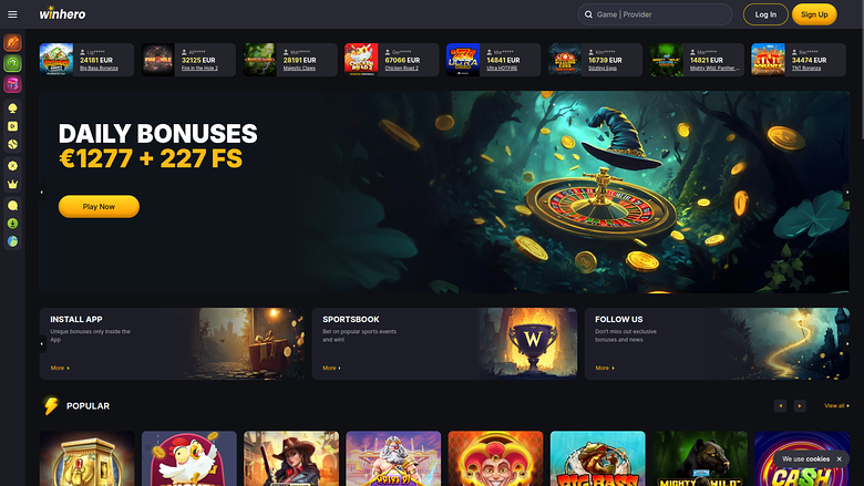 Winhero online casino homepage showing a daily bonus hero banner, a jackpot strip, three promo cards and a Popular games row.
