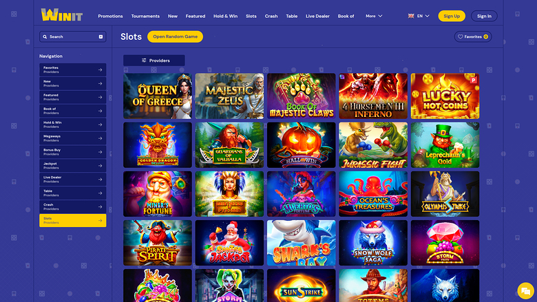 A slots lobby page on the WINIT online casino site showing a grid of game tiles under a 'Slots' heading.
