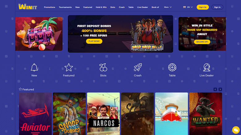 Casino lobby homepage showing a top navigation bar, three promotional banners, a category icon row and a Featured game carousel.